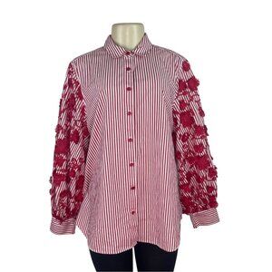 Chicos Red & White Striped Button-Up Shirt W/ Floral Lace Sleeves Size 12